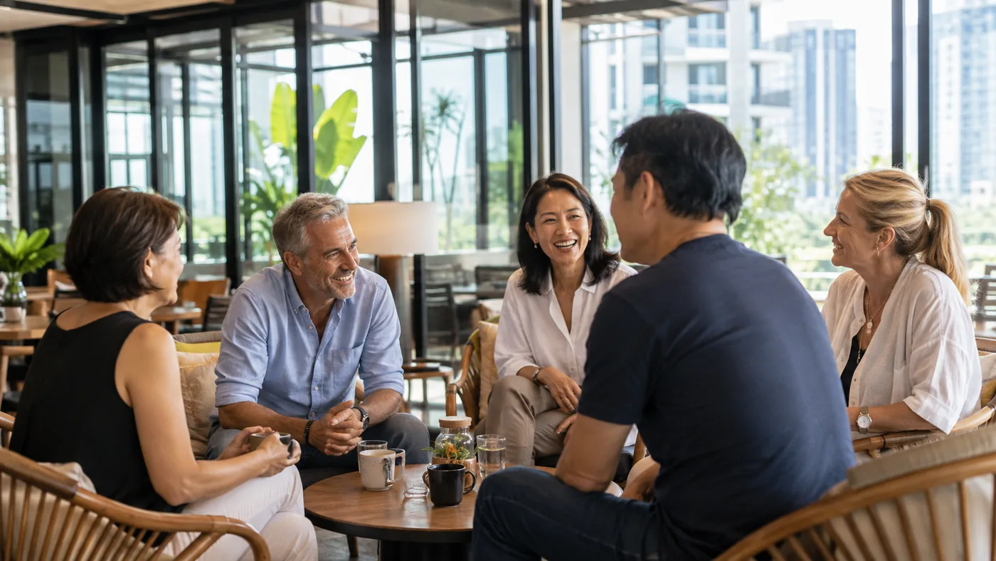 Francophones échangeant dans un café en Thaïlande